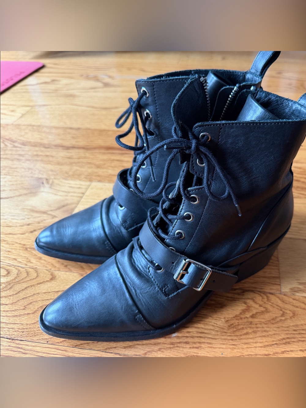 AllSaints Black Lace-Up Pointed Ankle Boots with Buckle